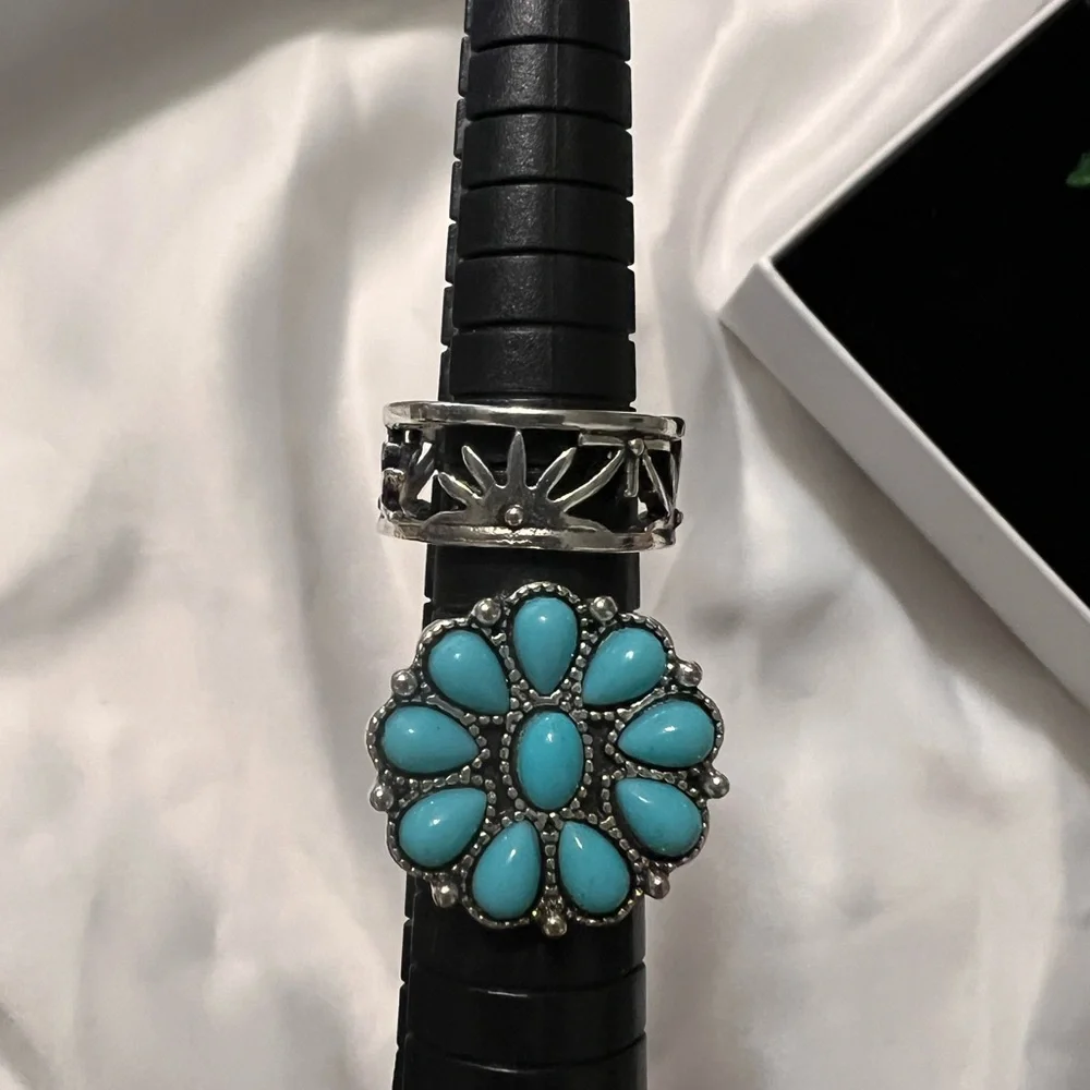 Silver and Turquoise Floral Ring Set